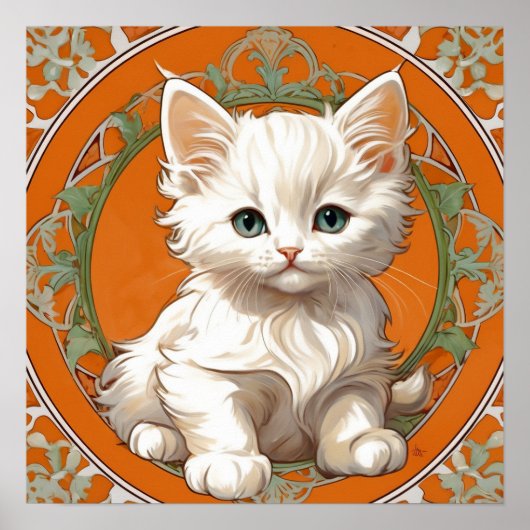Alphonse Mucha Art Nouveau White Kitten Poster (Voorkant)