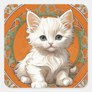 Alphonse Mucha Art Nouveau White Kitten Vierkante Sticker