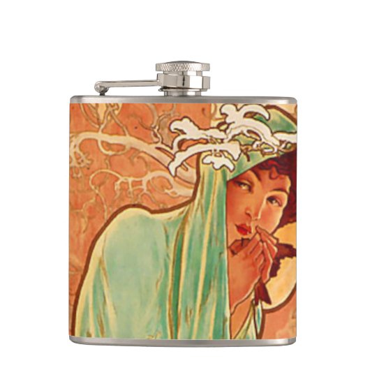 Alphonse Mucha Art Nouveau Winter Heupfles (Voorkant)
