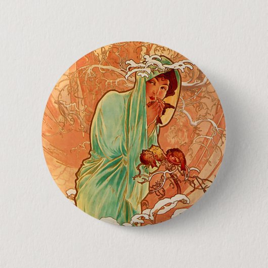 Alphonse Mucha Art Nouveau Winter Ronde Button 5,7 Cm (Voorkant)