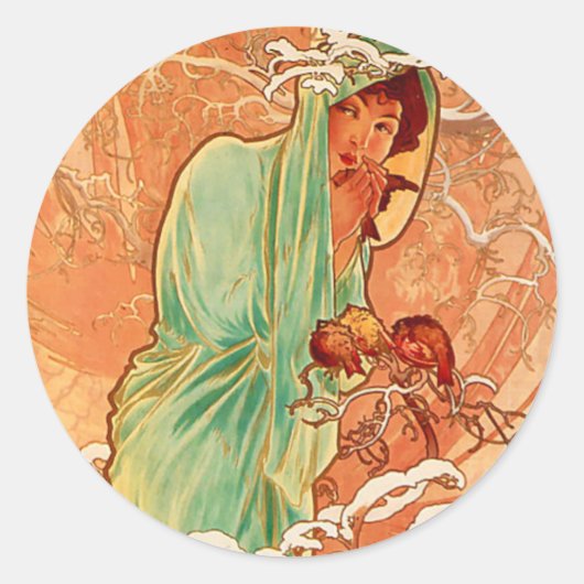 Alphonse Mucha Art Nouveau Winter Ronde Sticker (Voorkant)