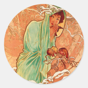 Alphonse Mucha Art Nouveau Winter Ronde Sticker