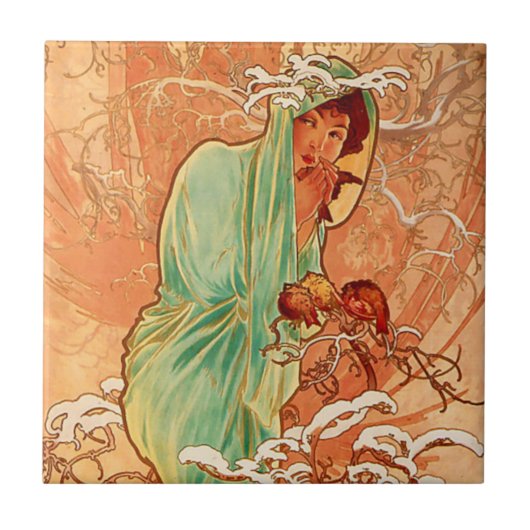 Alphonse Mucha Art Nouveau Winter Tegeltje (Voorkant)