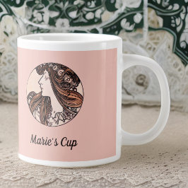 Alphonse Mucha Art Nouveau Woman met Roze Bloemen Grote Koffiekop
