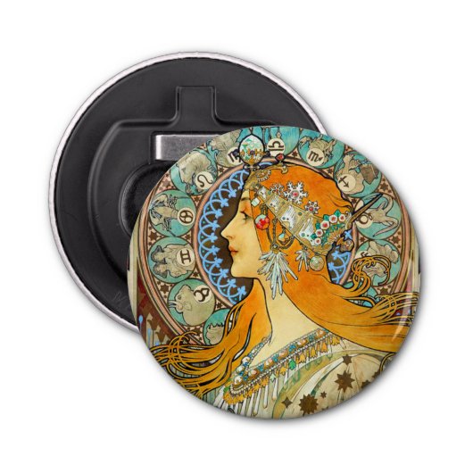 Alphonse Mucha Art Nouveau Zodiac Button Flesopener (Voorkant)