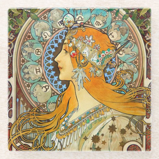 Alphonse Mucha Art Nouveau Zodiac Glazen Onderzetter (Voorkant)