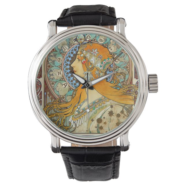 Alphonse Mucha Art Nouveau Zodiac Horloge (Voorkant)