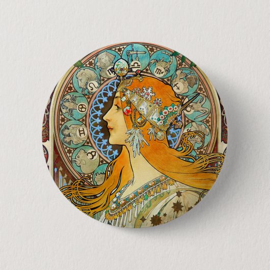 Alphonse Mucha Art Nouveau Zodiac Ronde Button 5,7 Cm (Voorkant)