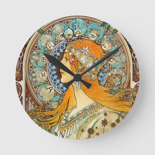 Alphonse Mucha Art Nouveau Zodiac Ronde Klok (Voorkant)