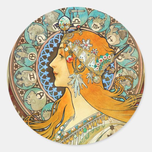 Alphonse Mucha Art Nouveau Zodiac Ronde Sticker (Voorkant)