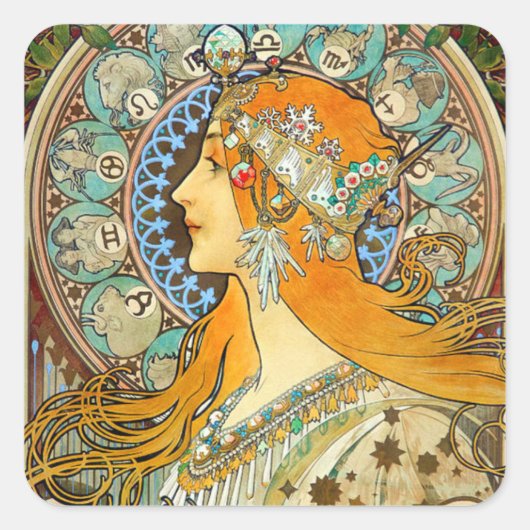 Alphonse Mucha Art Nouveau Zodiac Vierkante Sticker (Voorkant)