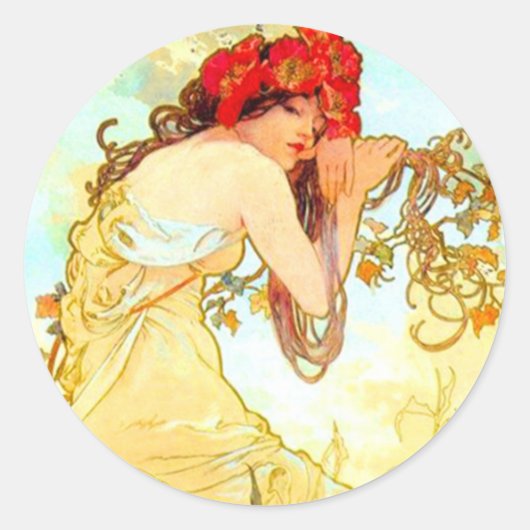 Alphonse Mucha Art Summer Ronde Sticker (Voorkant)