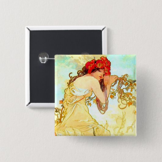 Alphonse Mucha Art Summer Vierkante Button 5,1 Cm (Voorkant /achterkant)