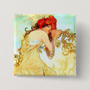 Alphonse Mucha Art Summer Vierkante Button 5,1 Cm