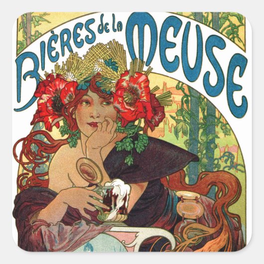 Alphonse Mucha Bieres de La Meuse Vierkante Sticker (Voorkant)
