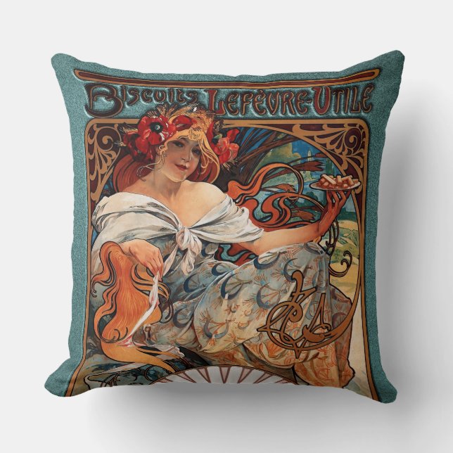 Alphonse Mucha Biscuits Lefevre-Utile Speckled van Kussen (Voorkant)