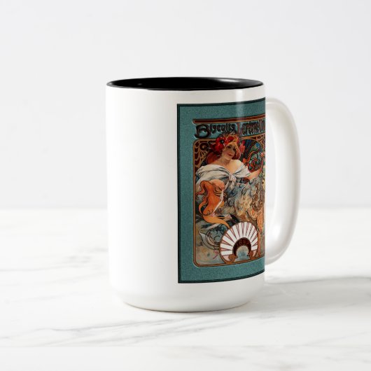 Alphonse Mucha Biscuits Lefevre-Utile Speckled van Tweekleurige Koffiemok (Voorkant rechts)