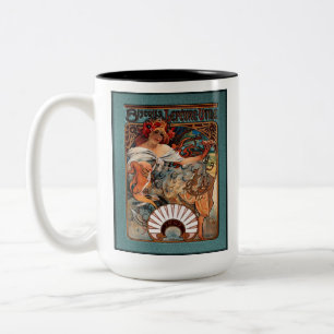 Alphonse Mucha Biscuits Lefevre-Utile Speckled van Tweekleurige Koffiemok