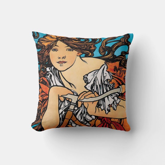 Alphonse Mucha - Cycles Perfecta Retro Art Nouveau Kussen (Voorkant)