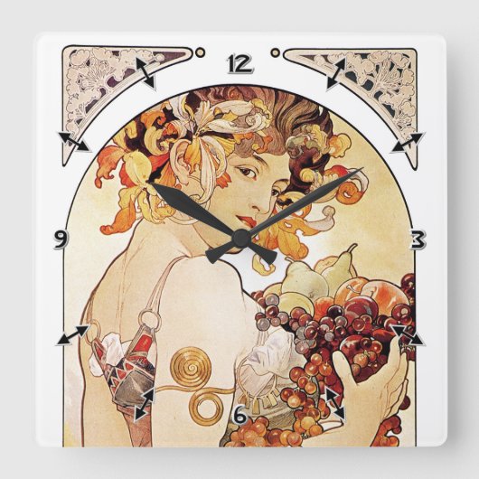 Alphonse Mucha Dame With Fruit Vierkante Klok (Voorkant)