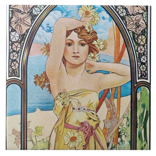 Alphonse Mucha Daybreak Tegel Trivet Gift Box Tegeltje (Voorkant)