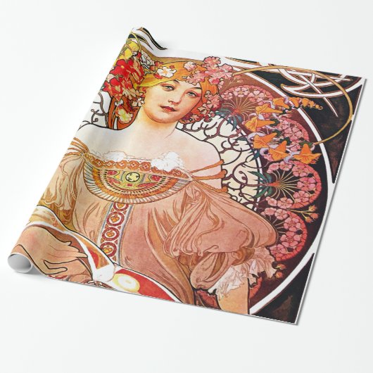 Alphonse Mucha Daydroom Floral Art Nouveau Cadeaupapier (Uitgerold)