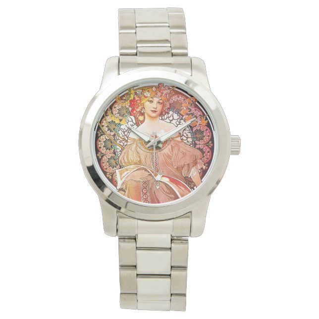 Alphonse Mucha Daydroom Floral  Art Nouveau Horloge (Voorkant)