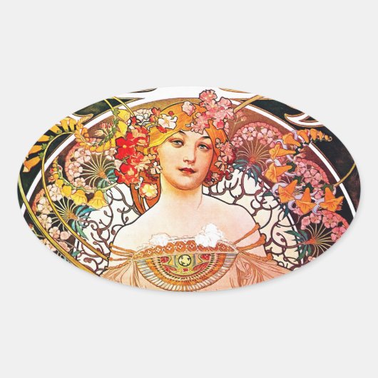 Alphonse Mucha Daydroom Floral Art Nouveau Ovale Sticker (Voorkant)