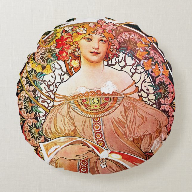 Alphonse Mucha Daydroom Floral  Art Nouveau Rond Kussen (Voorkant)