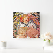 Alphonse Mucha Daydroom Floral Art Nouveau Vierkante Klok (Huis)