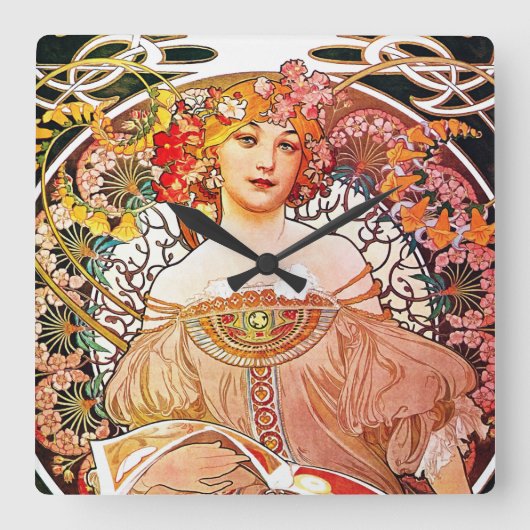 Alphonse Mucha Daydroom Floral Art Nouveau Vierkante Klok (Voorkant)