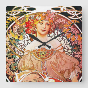 Alphonse Mucha Daydroom Floral  Art Nouveau Vierkante Klok