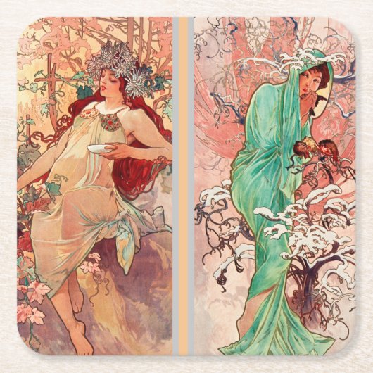 Alphonse Mucha, De vier jaargetijden (1896) Kartonnen Onderzetters (Voorkant)
