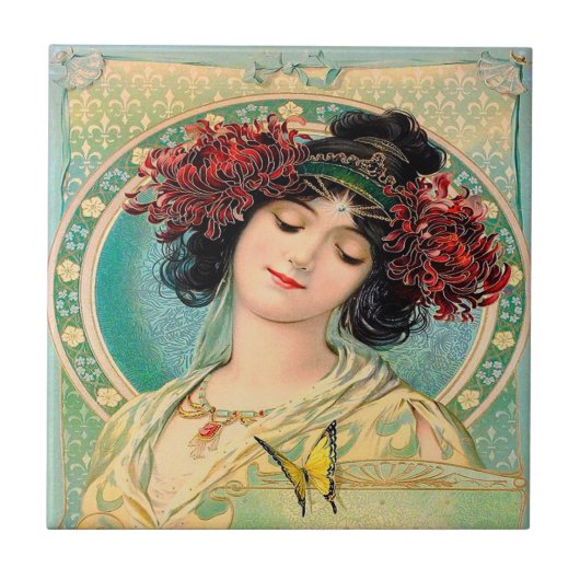 Alphonse Mucha Design keramische Tegel. Tegeltje (Voorkant)