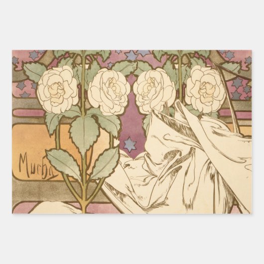 Alphonse Mucha Elegant Art Nouveau Stars Camellia  Inpakpapier Vel (Voorkant 2)