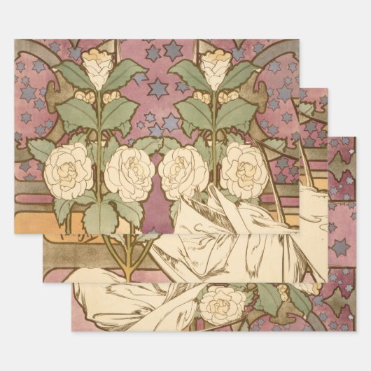 Alphonse Mucha Elegant Art Nouveau Stars Camellia  Inpakpapier Vel (Set)