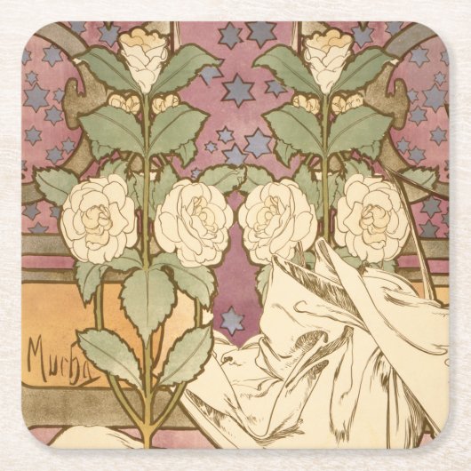 Alphonse Mucha Elegant Art Nouveau Stars Camellia  Kartonnen Onderzetters (Voorkant)