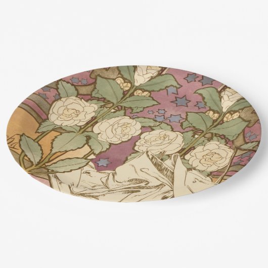 Alphonse Mucha Elegant Art Nouveau Stars Camellia Papieren Bordje (Gekanteld)