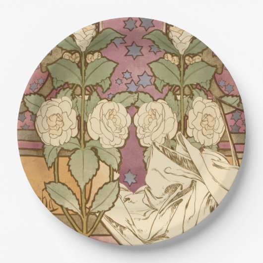 Alphonse Mucha Elegant Art Nouveau Stars Camellia  Papieren Bordje (Voorkant)