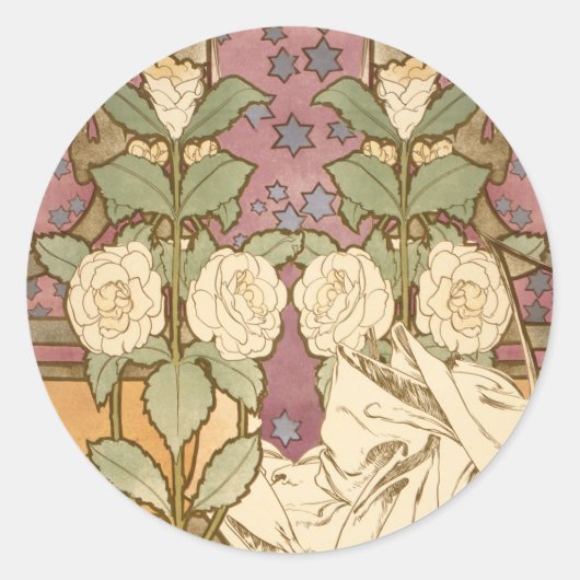 Alphonse Mucha Elegant Art Nouveau Stars Camellia Ronde Sticker (Voorkant)