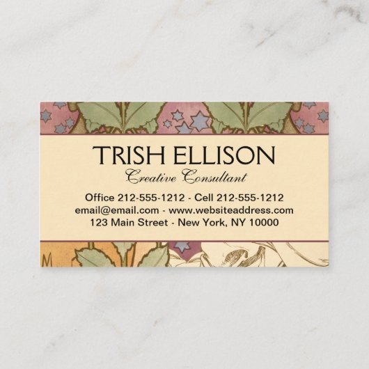 Alphonse Mucha Elegant Art Nouveau Stars Camellia Visitekaartje (Achterkant)