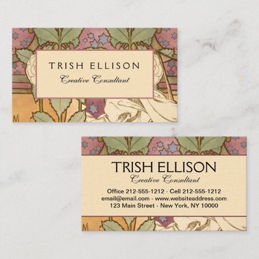 Alphonse Mucha Elegant Art Nouveau Stars Camellia  Visitekaartje (Voorkant / Achterkant)