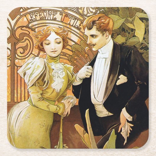 Alphonse Mucha Flirt Romantic Art Nouveau Kartonnen Onderzetters (Voorkant)
