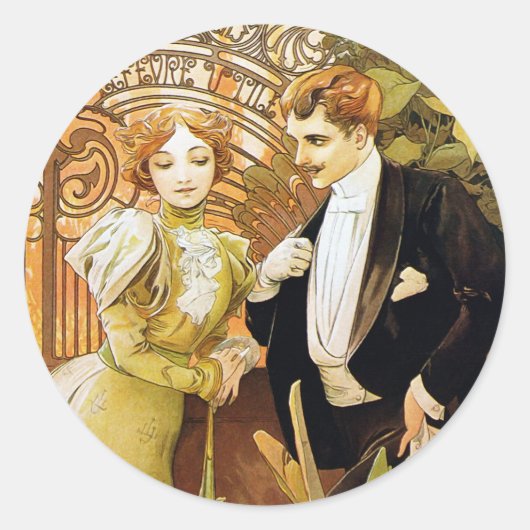 Alphonse Mucha Flirt Romantic Art Nouveau Ronde Sticker (Voorkant)