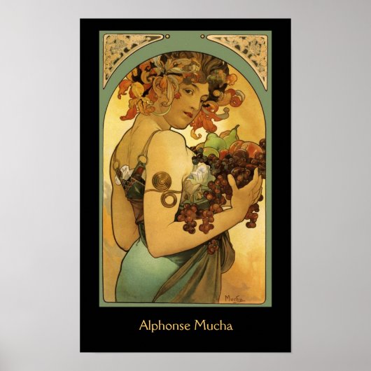 Alphonse Mucha Fruit schilderen op zwart Poster (Voorkant)