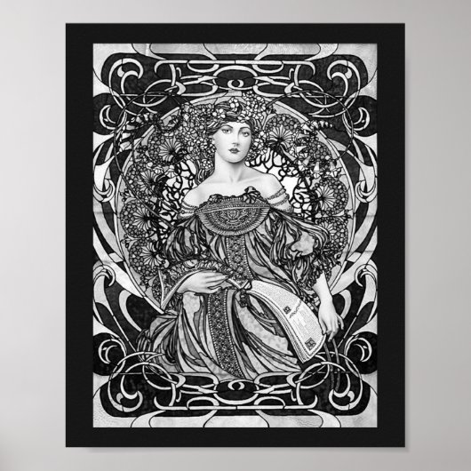 Alphonse Mucha Girl in Black and White Art Nouveau Poster (Voorkant)