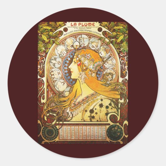 Alphonse Mucha La Plume Ronde Sticker (Voorkant)