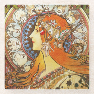 Alphonse Mucha La Plume Zodiac Art  Glazen Onderzetter