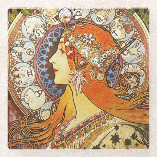 Alphonse Mucha La Plume Zodiac Art Glazen Onderzetter (Voorkant)