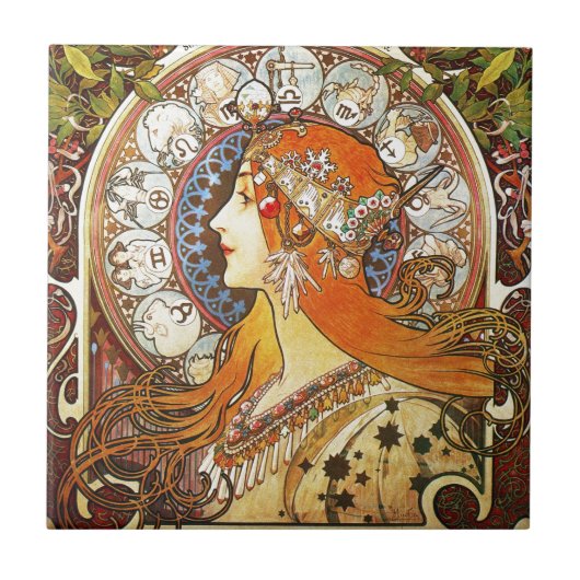 Alphonse Mucha La Plume Zodiac Art Tegeltje (Voorkant)
